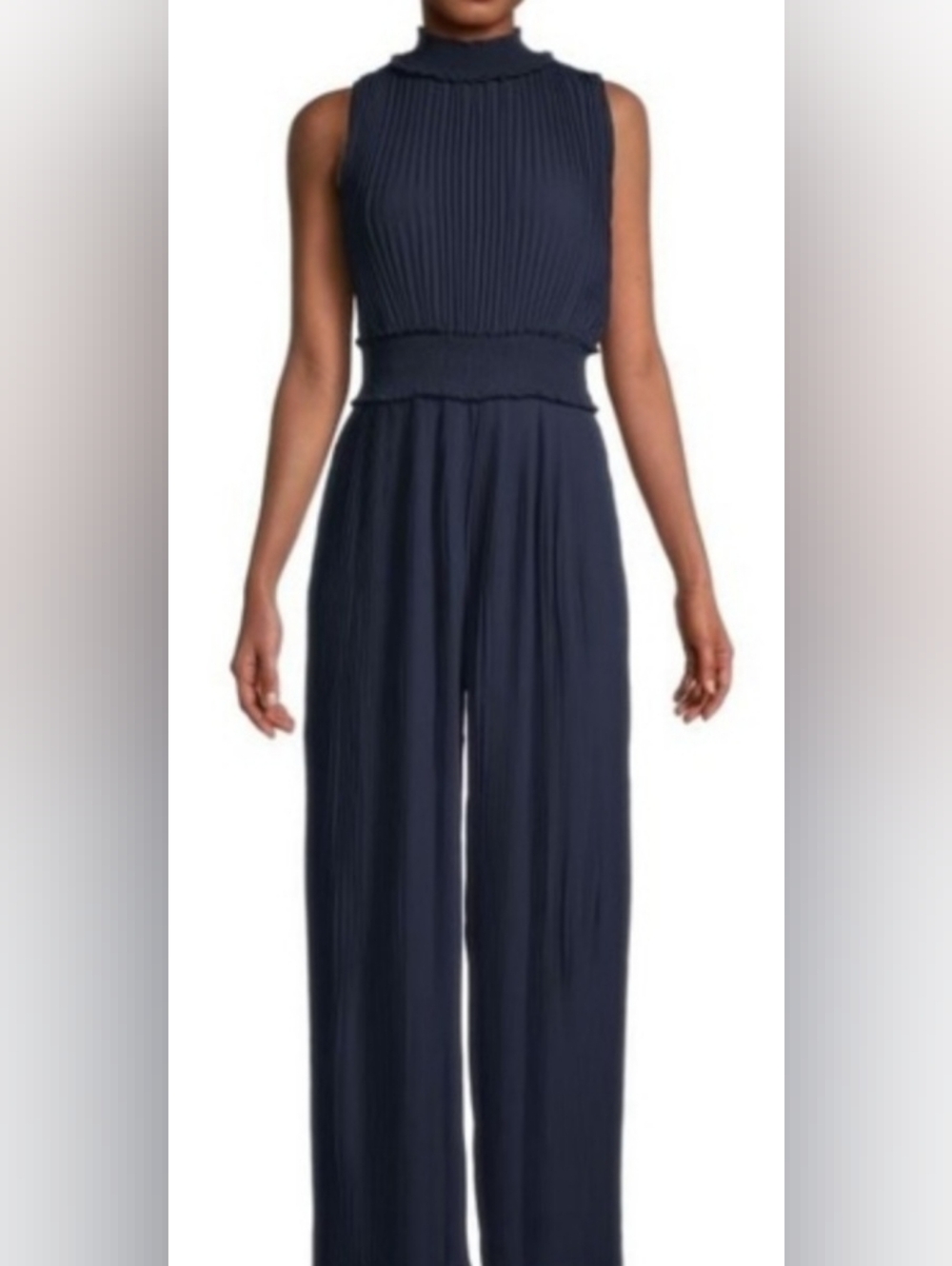 Nanette Lepore Navy High-Neck Pleated Wide-Leg Jumpsuit